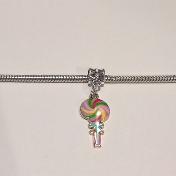 Silver Rainbow Lollipop Enamel Dangle Charm for Pandora Style‎ Bracelet - Picture 2 of 4